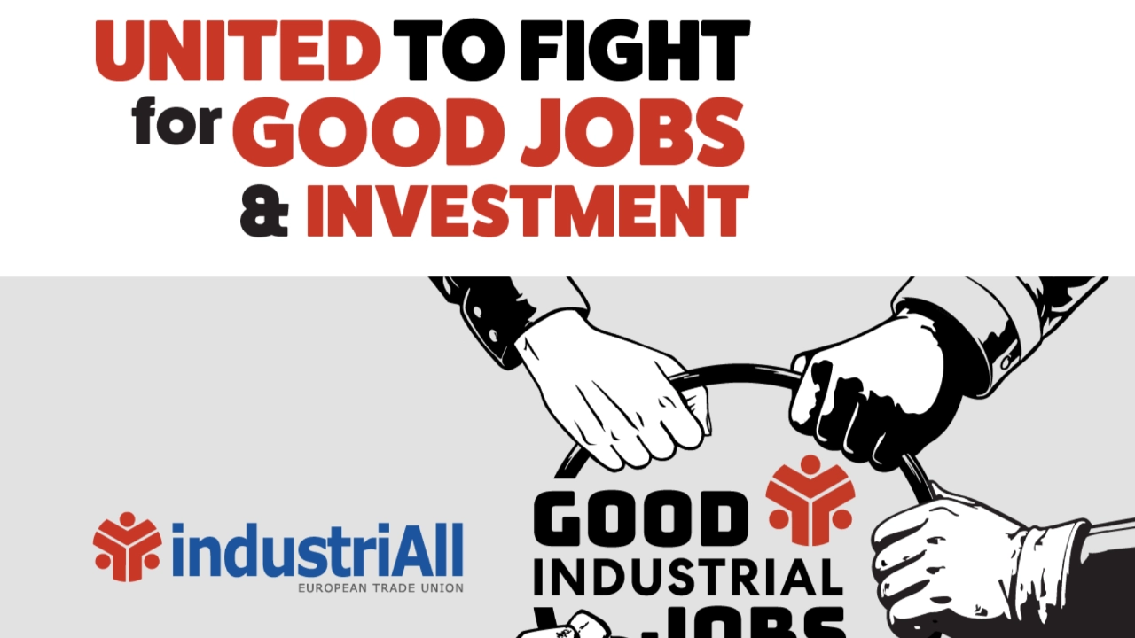 Kampagnenlogo/-claim von IndustriALL Europe für den Aktionstag am 5.2.2026: Good industrial jobs - United to fight for good jobs & investment