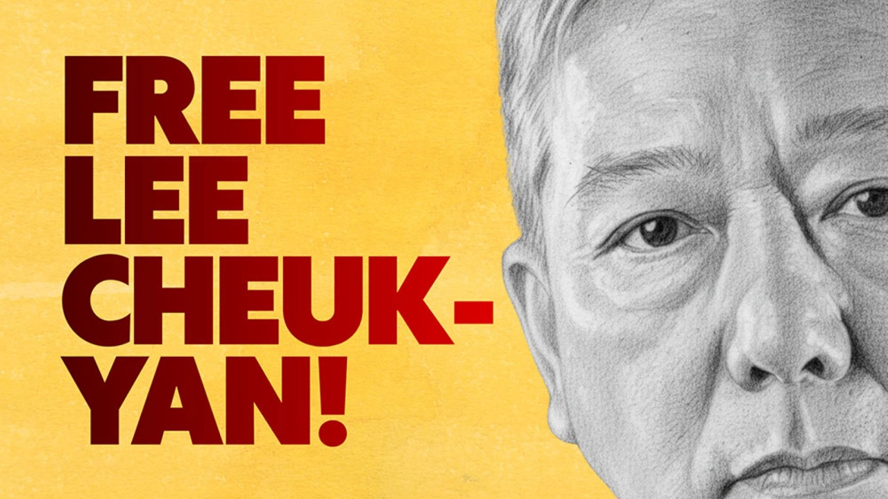 Banner „Free Lee Cheuk-yan!“ - Aktion von International Trade Union Confederation (ITUC).