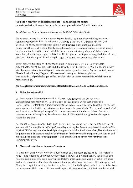 Resolution der Delegiertenversammlung der IG Metall Gütersloh-Oelde